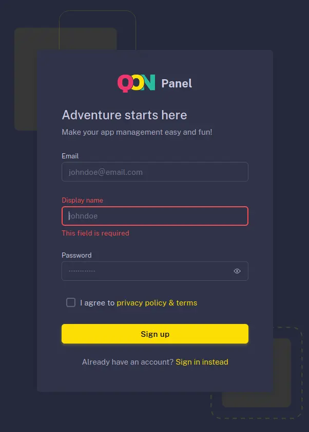 Quarticon - register personal account
